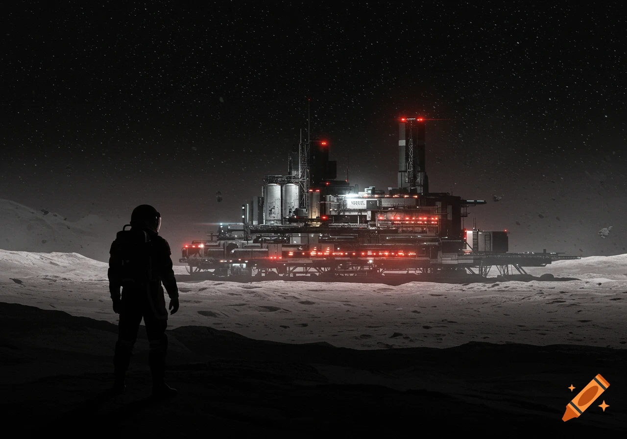 A silhouette of an astronaut standing on a desolate moon, looking towards a brightly lit ore refining facility under a starry sky.