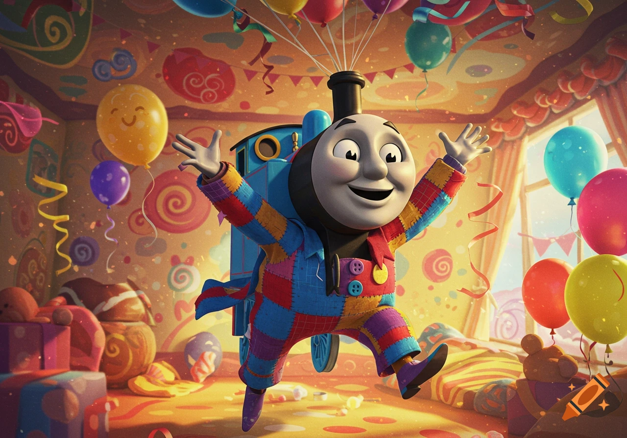 Thomas the Tank Engine, wearing a colorful patchwork suit, jumps joyfully in a festive room adorned with balloons and presents.
