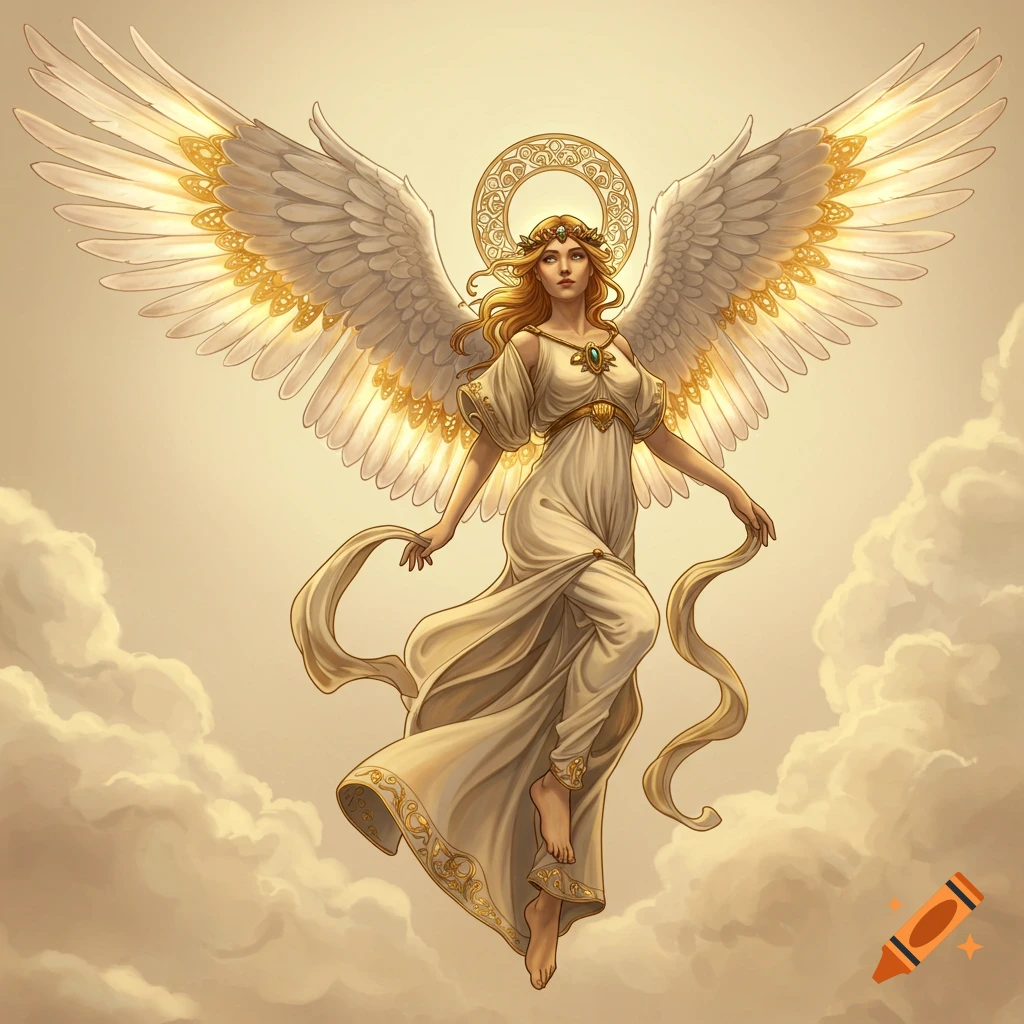 A winged female angel with golden hair and a halo floats among clouds, wearing a flowing white and gold dress.