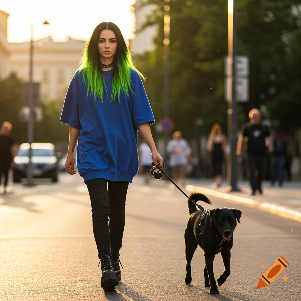 A woman with black hair and neon green roots in a blue t-shirt and black jeans walks a black dog on a sunny city street.