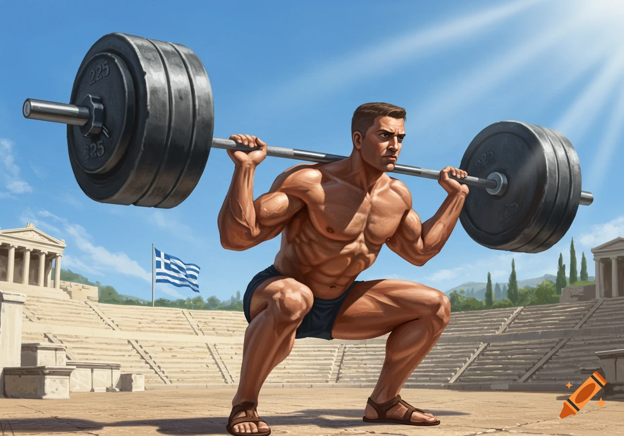 A muscular man in shorts and sandals squats with a barbell on his back in an ancient Greek stadium under a clear sky, with a Greek flag flying.