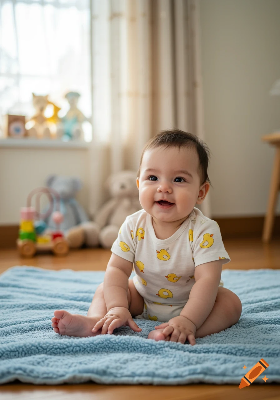 A smiling baby sits on a blue blanket with stuffed animals and a window in the background, photorealistic.