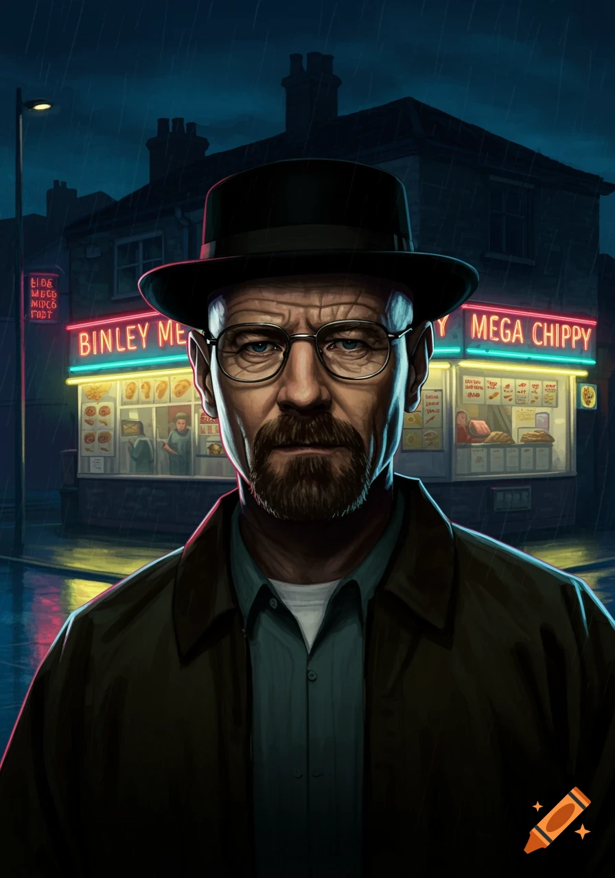 Illustration of a serious Walter White in a hat and glasses on a rainy night, standing in front of a brightly lit "Mega Chippy" shop.