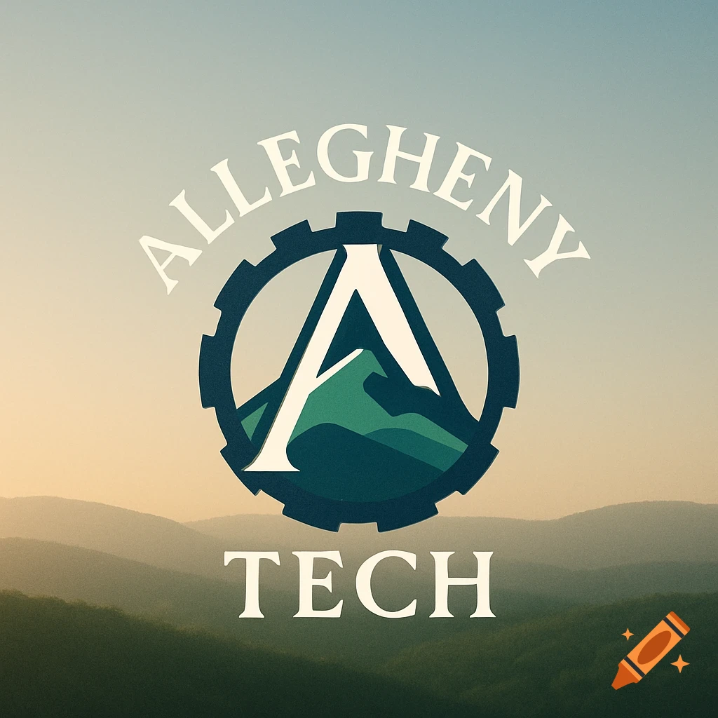 A university logo with 'ALLEGHENY TECH' text, a stylized 'A' with mountains inside a gear, set against a mountain landscape.