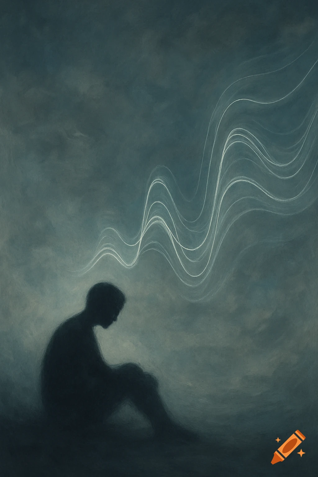 A dark silhouette of a person sitting, head bowed, against a smoky blue-green background with abstract white wavy lines.