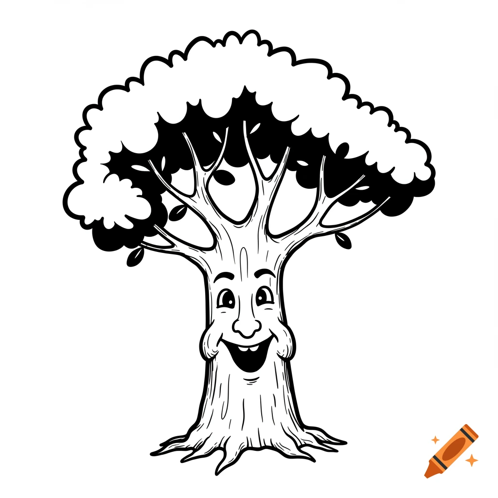 Black and white outline illustration of a happy cartoon tree with a face on its trunk.