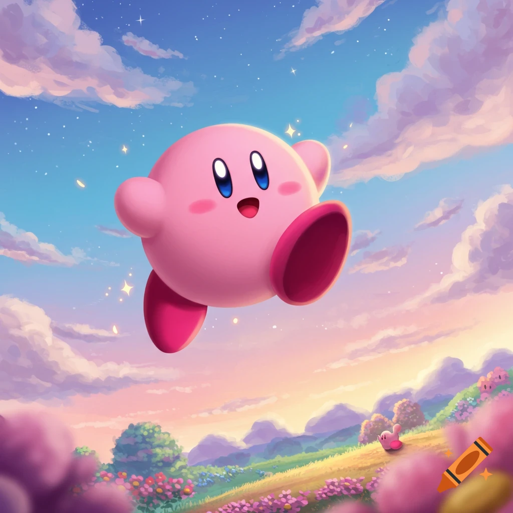 Pink, round Kirby floats happily through a vibrant, cloud-filled sky above a colorful, flower-covered landscape with a smaller Kirby in the distance.