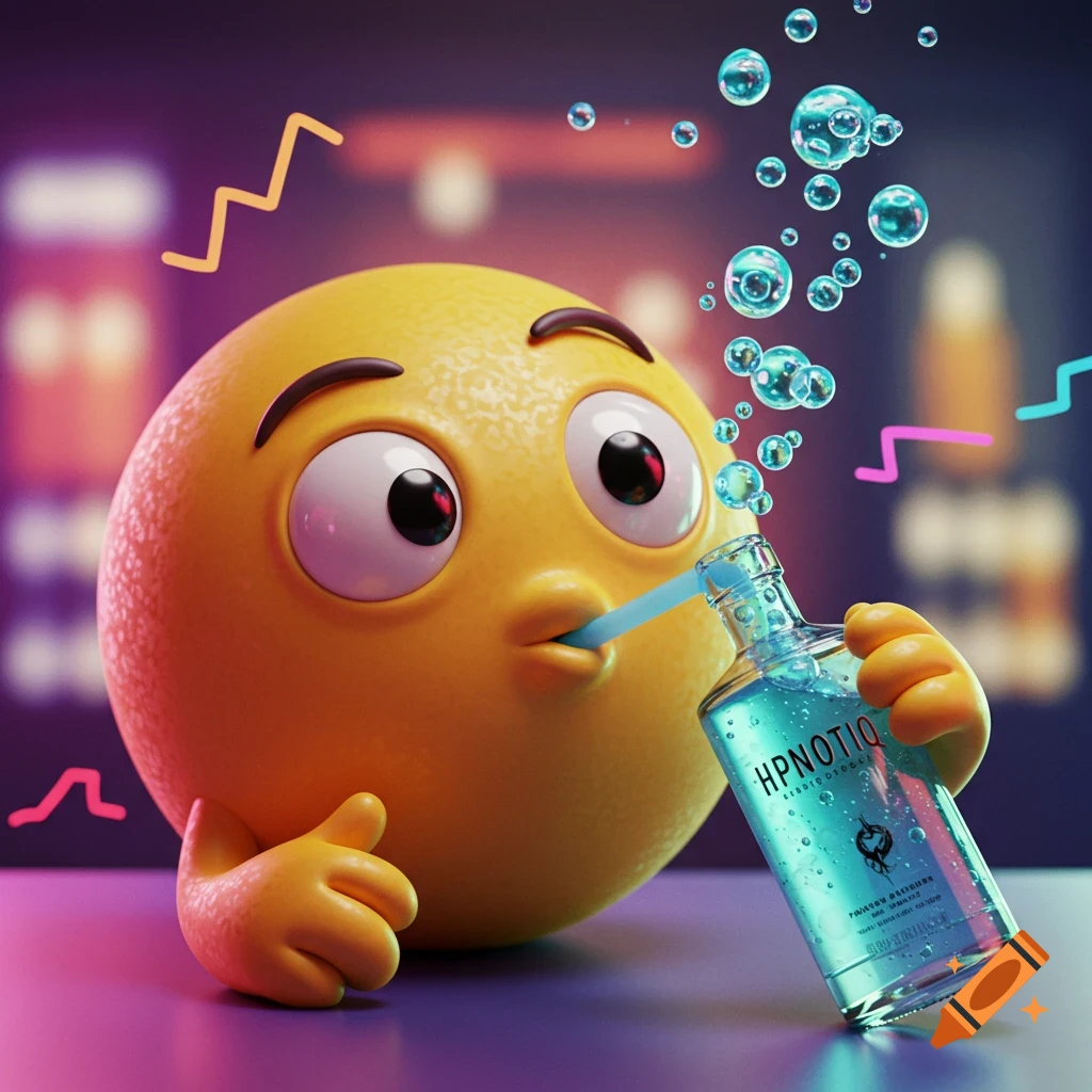 A photorealistic 3D render of a yellow emoji drinking from a blue HPNOTIQ bottle with a straw, blowing bubbles.
