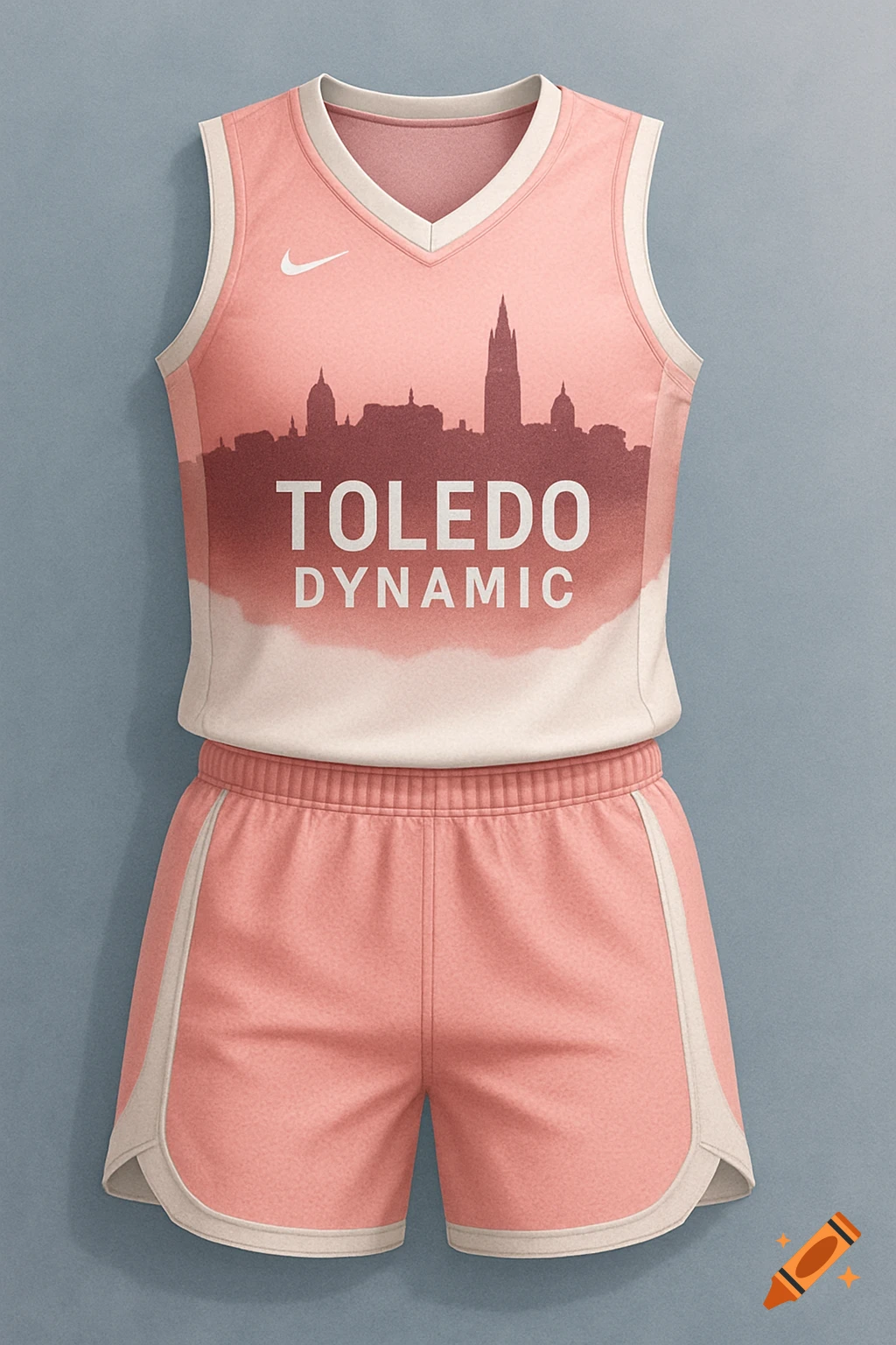 A pink and white basketball jersey and shorts set featuring a city skyline silhouette and the text "TOLEDO DYNAMIC" on the jersey.