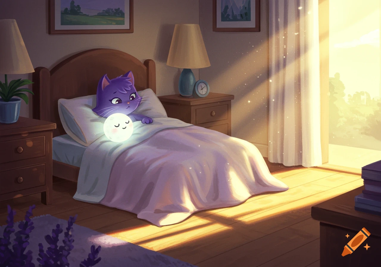 A purple cartoon cat lies in bed, looking at a glowing, smiling moon-shaped friend beside it, as sunlight streams through a bedroom window.