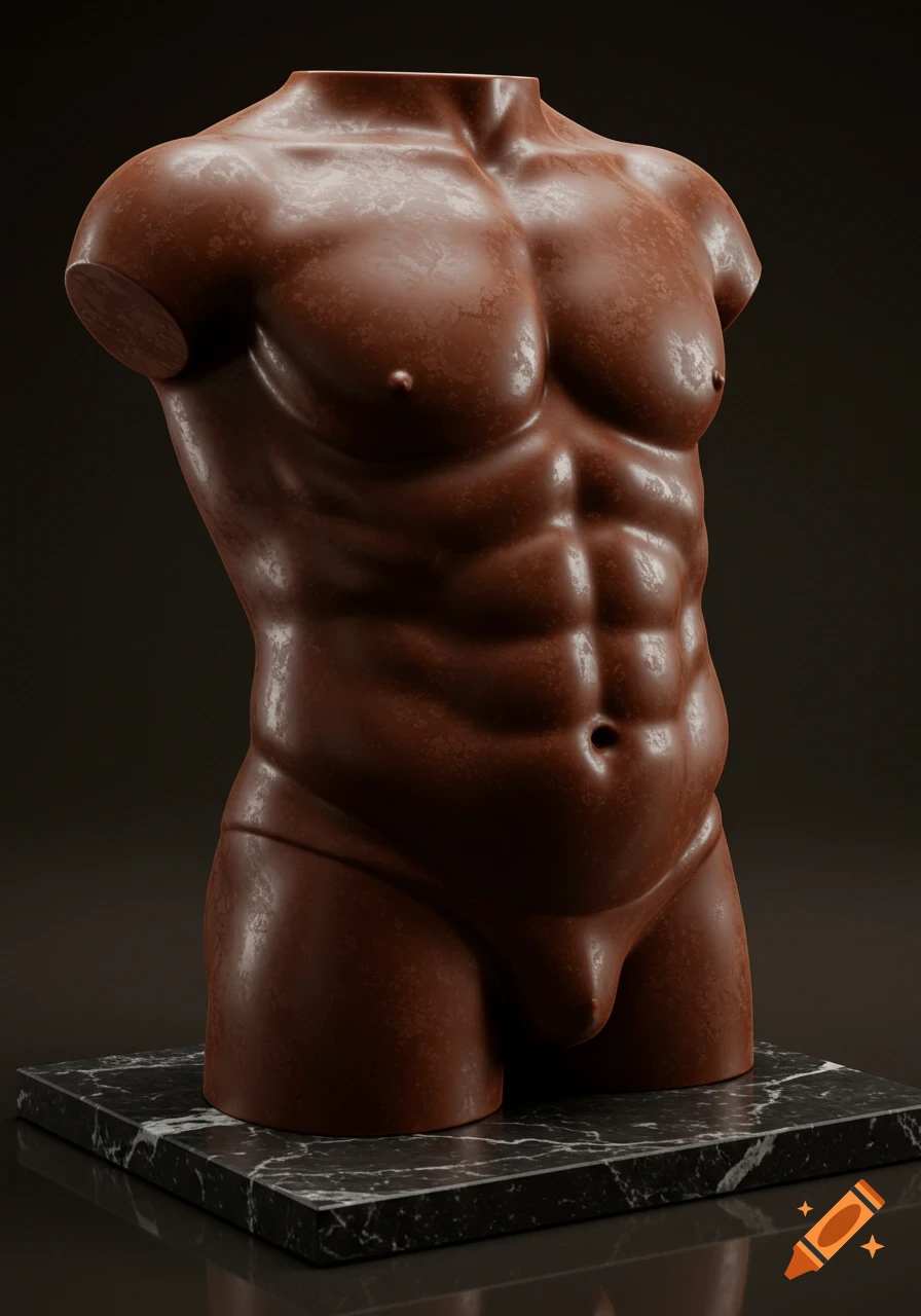 A dark chocolate molding of a male torso statue, featuring abdominal muscles and navel, standing on a black marble base.