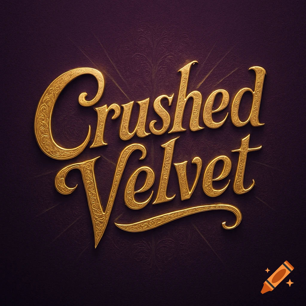 Ornate gold text 'Crushed Velvet' on a dark purple textured background.
