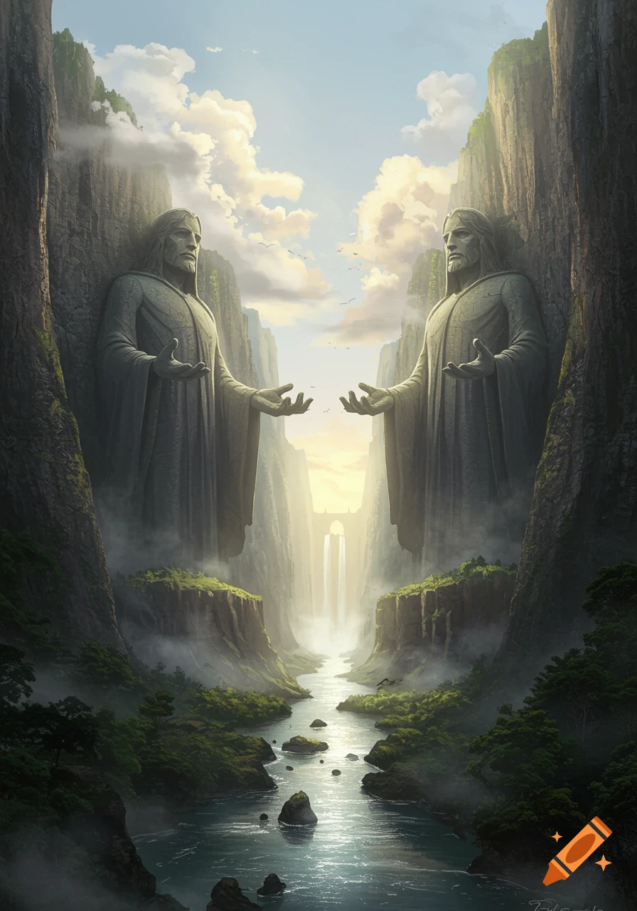 Two colossal stone statues of robed figures with outstretched hands stand on either side of a misty river in a deep canyon.