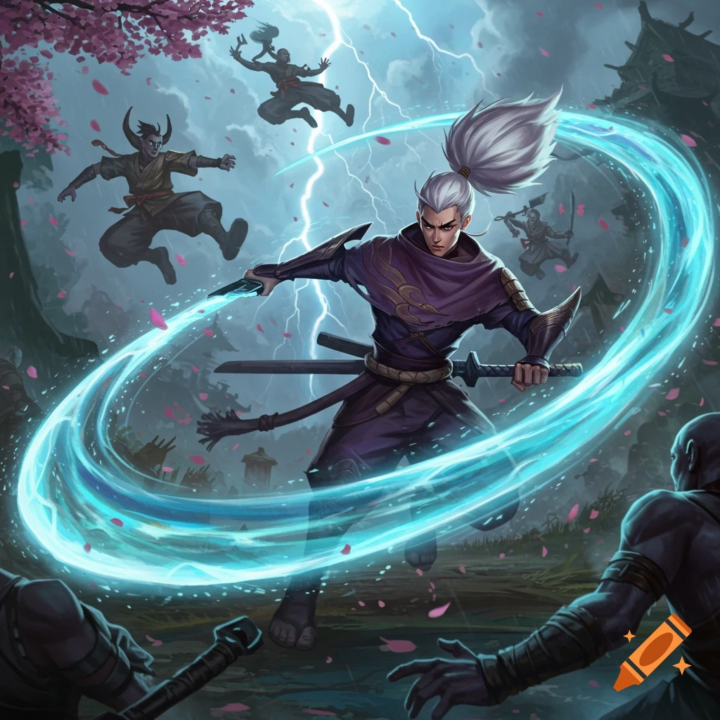 Fantasy art of a male samurai-like warrior with white hair wielding a glowing sword, surrounded by enemies and lightning.