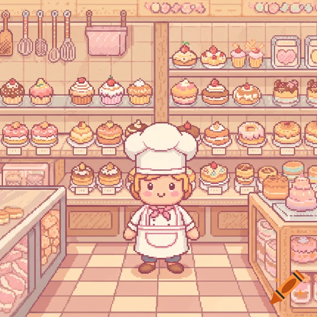 A cute pixel art bakery interior with a chef standing in front of shelves filled with colorful pastries and cakes.