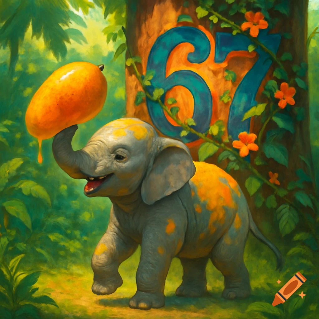 A smiling baby elephant with yellow spots holds a large mango in a vibrant jungle, with the number 67 on a tree trunk.