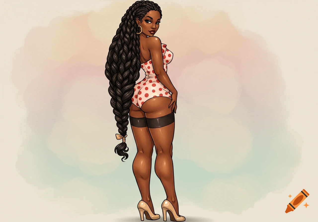 A stylized illustration of a Black pin-up woman with long braids, wearing a polka dot romper and stockings.