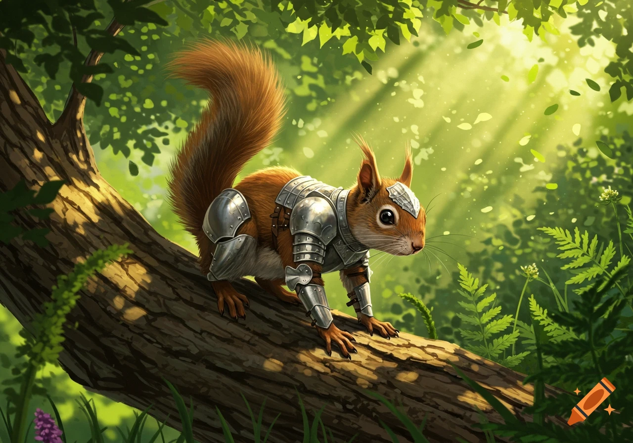 A brown squirrel wearing a detailed silver suit of armor stands on a tree branch in a sunlit forest.