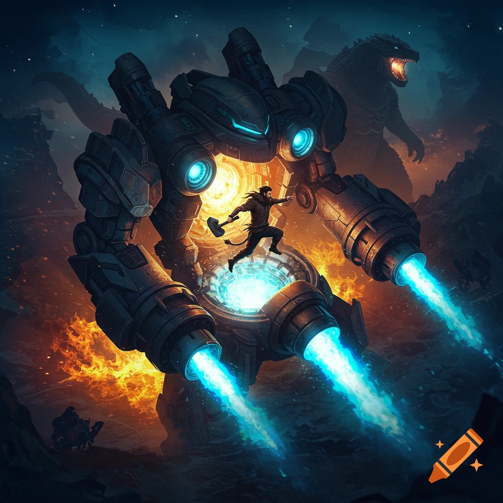 A man jumps into a giant robot with glowing blue thrusters, as a massive kaiju looms in the fiery background.