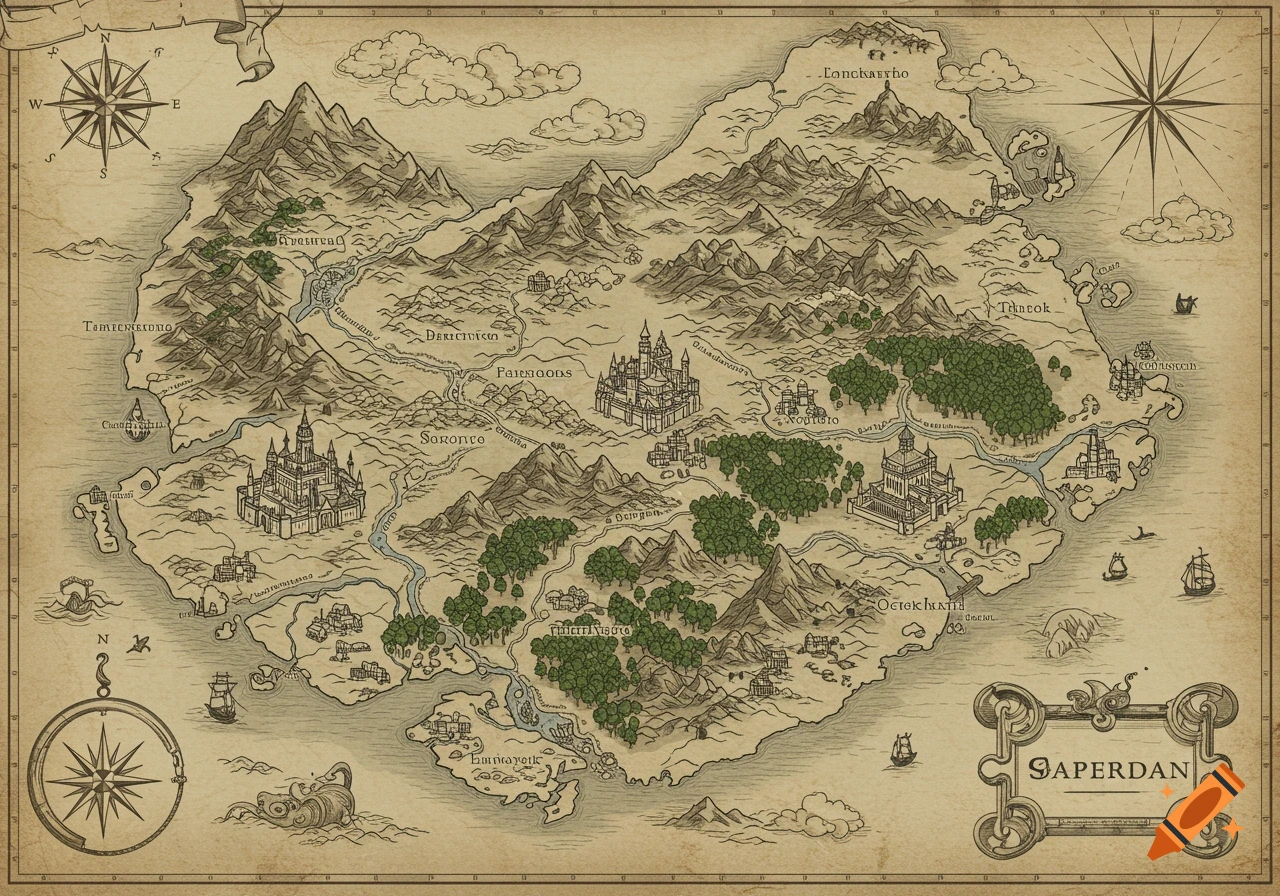 An old-style fantasy map of a land with mountains, rivers, forests, castles, and ships, featuring a compass rose and labeled locations.