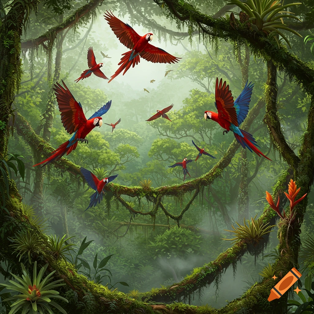 Vibrant illustration of multiple red and blue macaws flying through a lush, misty rainforest canopy.