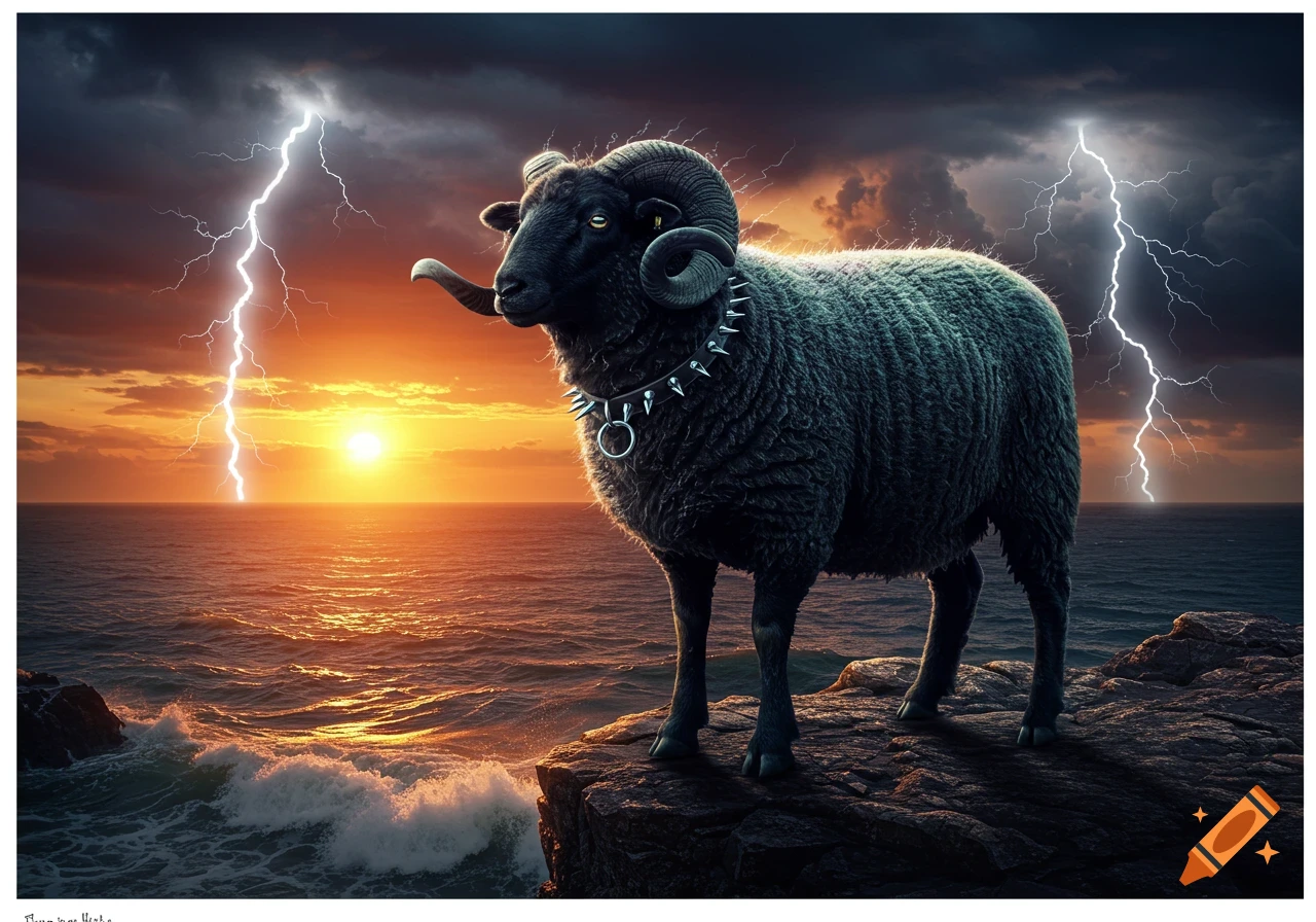 A powerful black ram with a spiked collar stands on a cliff overlooking a stormy ocean at sunset, with lightning striking.