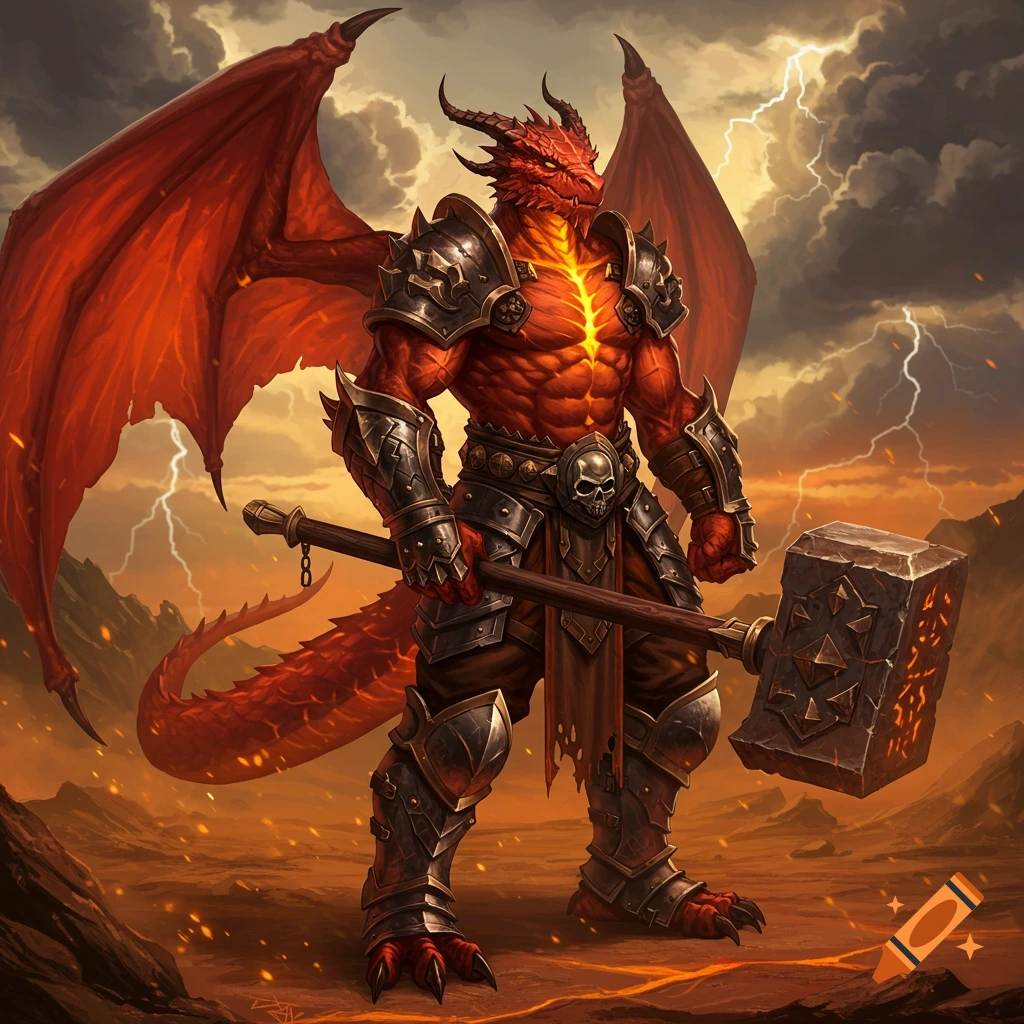 A powerful red dragonborn warrior in dark armor holds a large hammer, standing in a stormy, volcanic landscape with lightning.