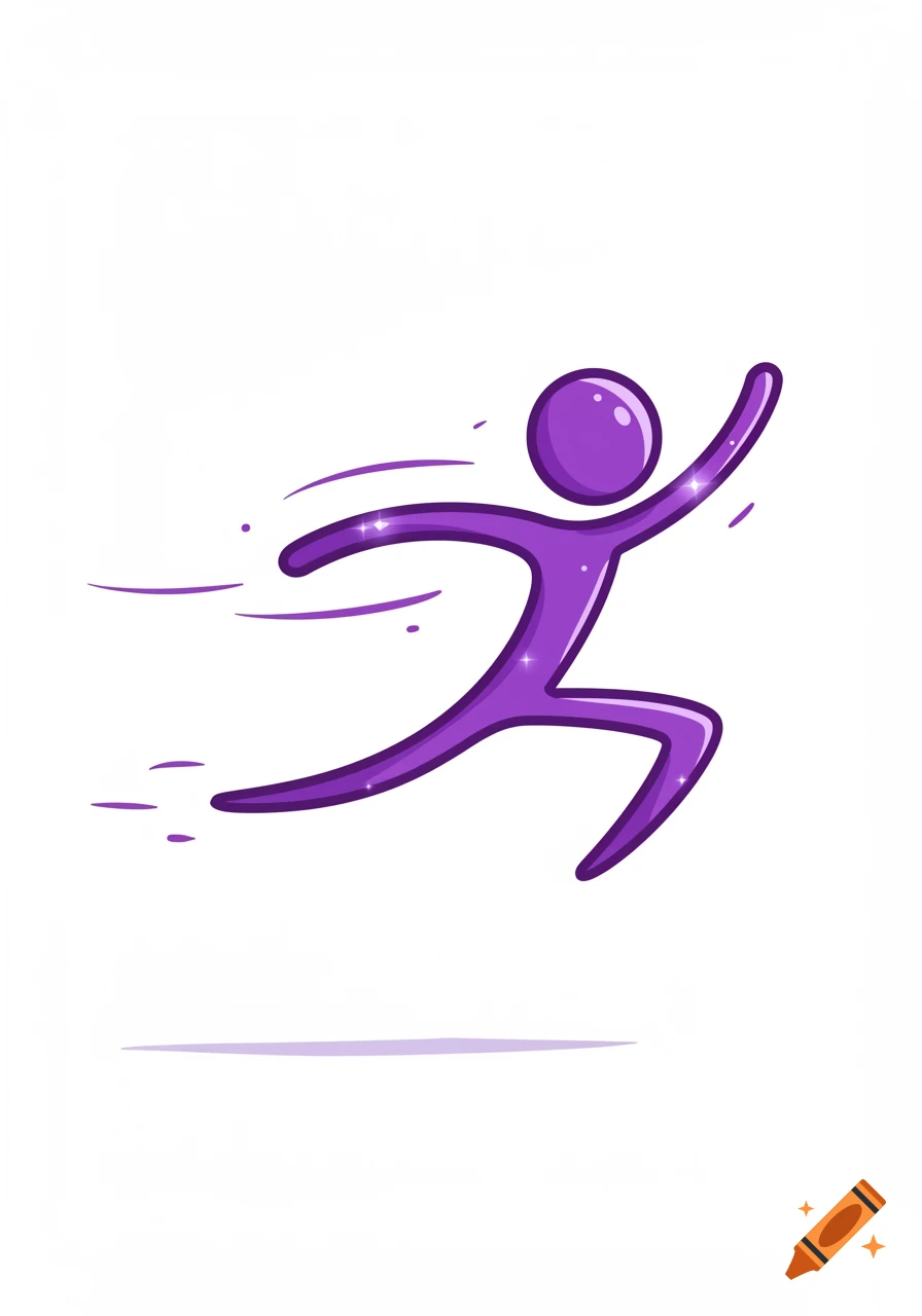 A stylized purple stick figure running or leaping, with motion lines and sparkles on a white background.