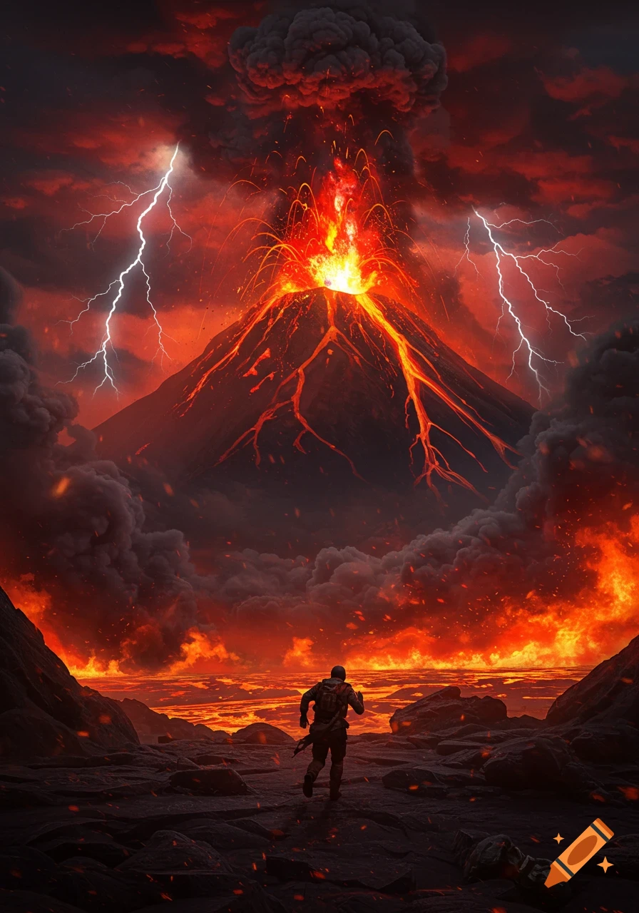 A person runs across a dark, rocky landscape away from a massive erupting volcano under a lightning-filled red sky.