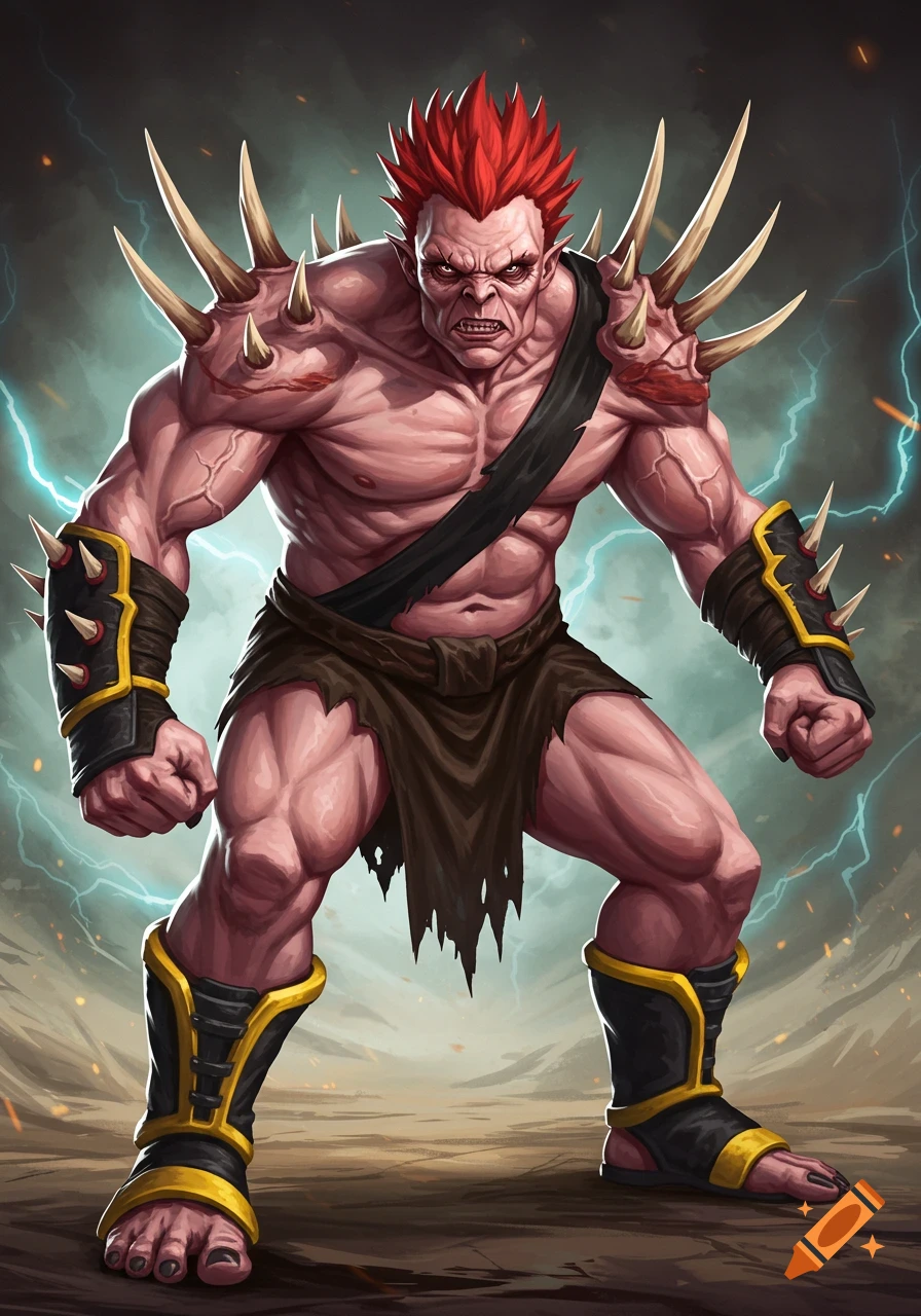 Muscular pink-skinned monster with red spiked hair and bone spikes scowls against a stormy, lightning-filled background.