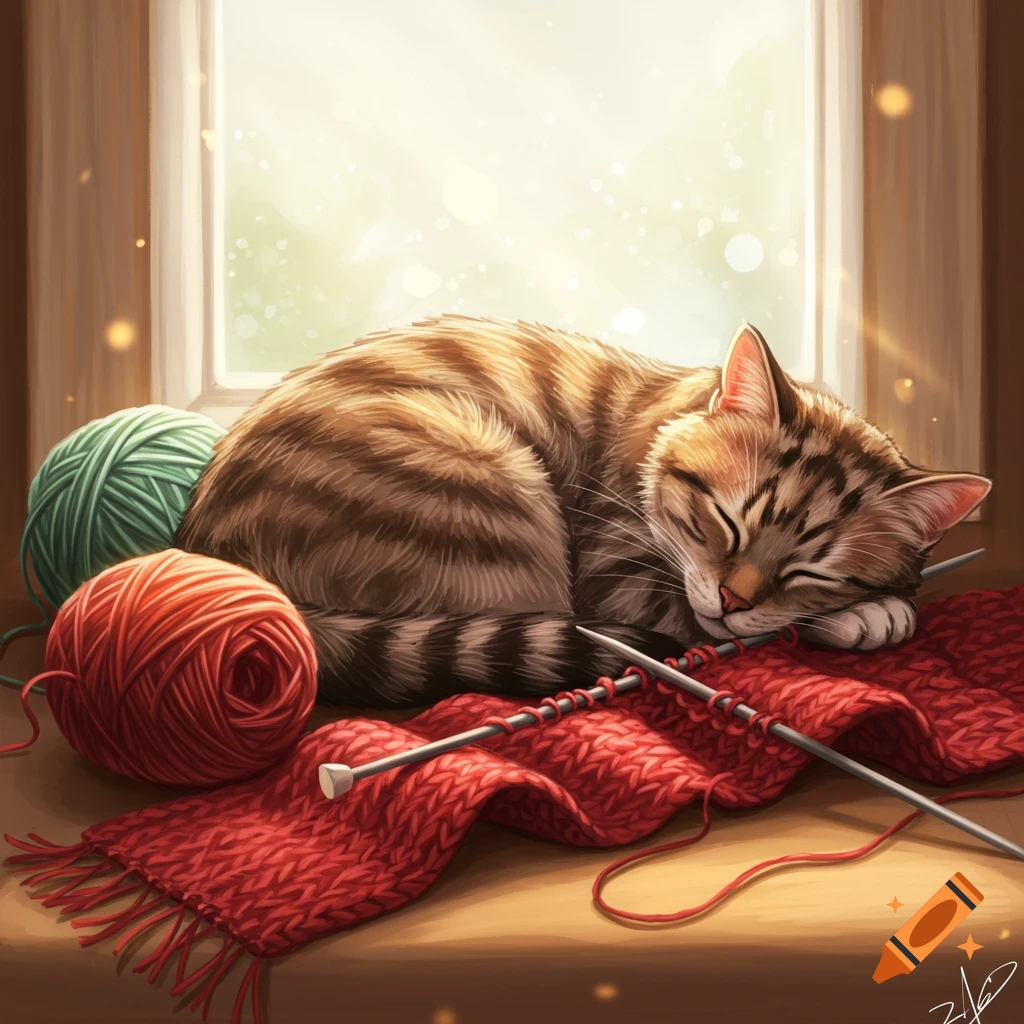 A tabby cat sleeps peacefully on a red knitted scarf next to balls of yarn and knitting needles on a sunlit windowsill.