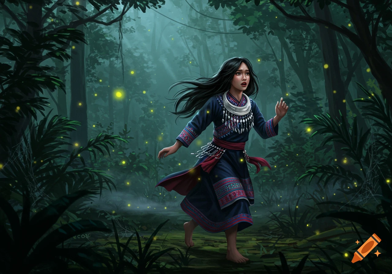 A young Hmong girl in traditional blue and red clothing runs barefoot through a dark, misty jungle illuminated by glowing fireflies. Digital painting.