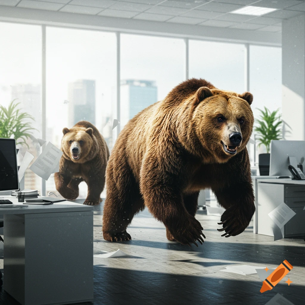 Two large brown bears run through a modern office, scattering papers everywhere.