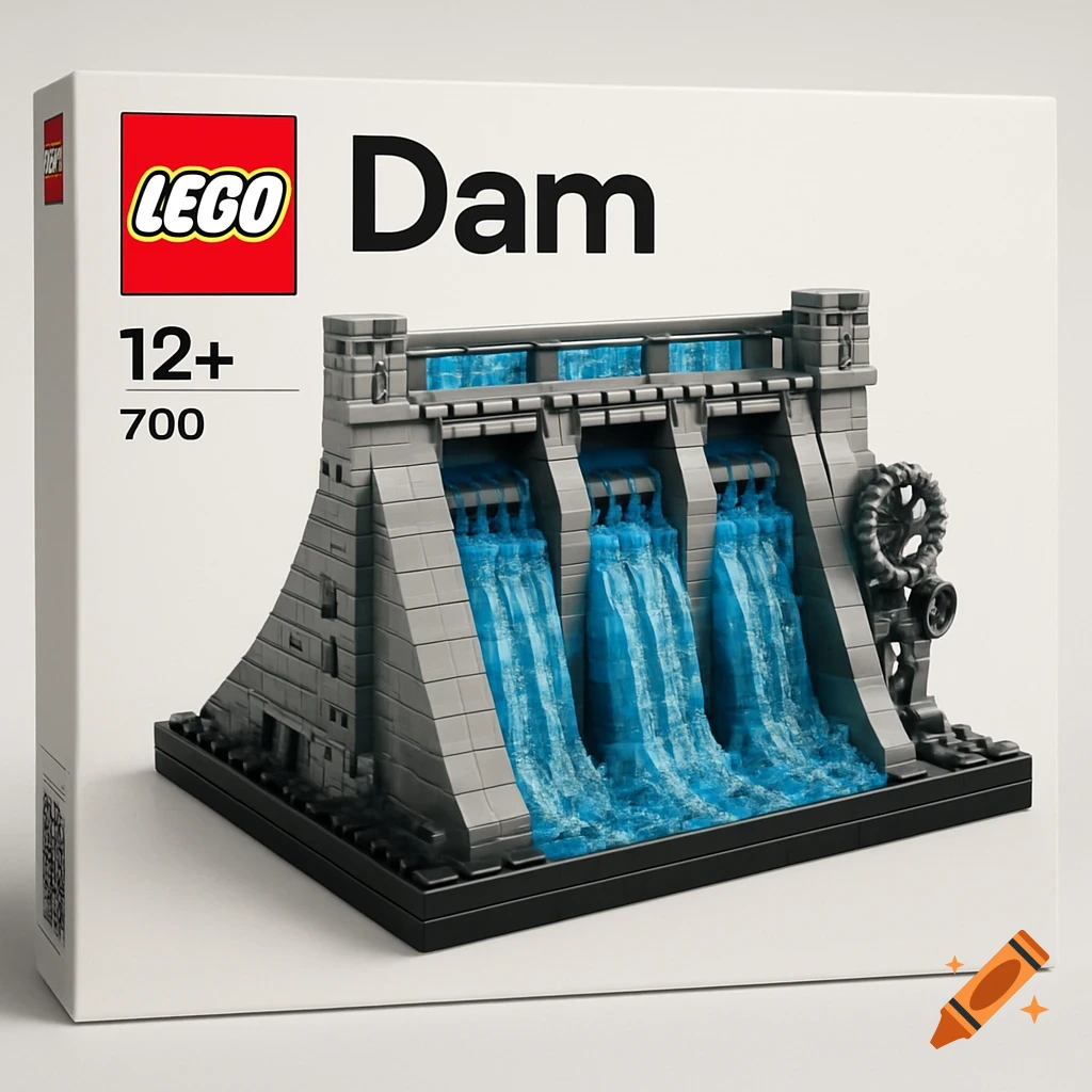 Photorealistic image of a Lego Dam Technic set box with the built model, featuring a grey dam and blue water flows.