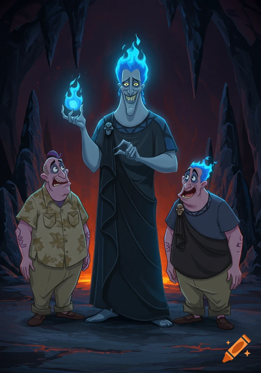 Disney's Hades with blue flaming hair stands between Pain and Panic in a dark, cavernous underworld with lava.