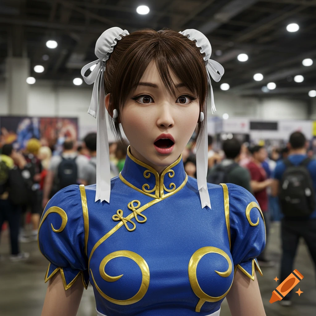 A photorealistic image of a surprised Asian woman in a blue Chun-Li outfit with white hair buns, standing at a bustling convention.