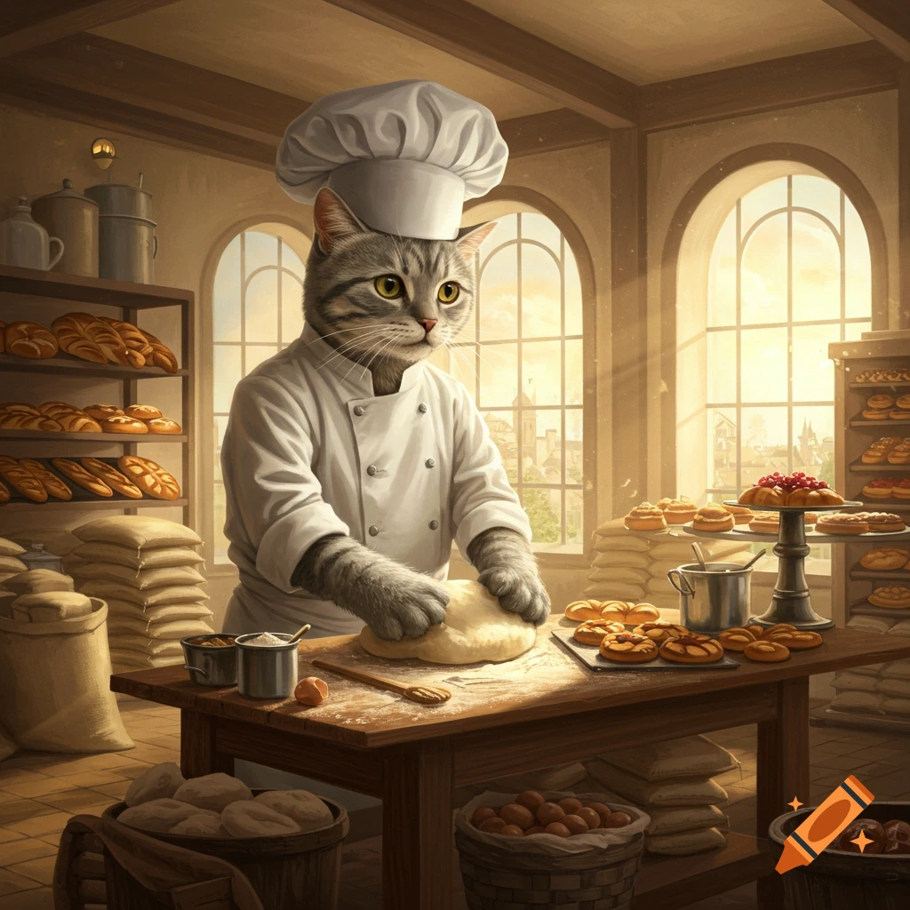 A cat dressed as a chef kneads dough in a sunlit bakery filled with bread and pastries, in a realistic art style.