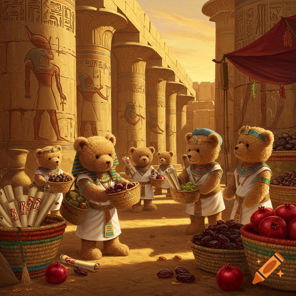 Anthropomorphic teddy bears wearing Egyptian attire, shopping in an ancient market with hieroglyph-covered pillars and baskets of fruit.