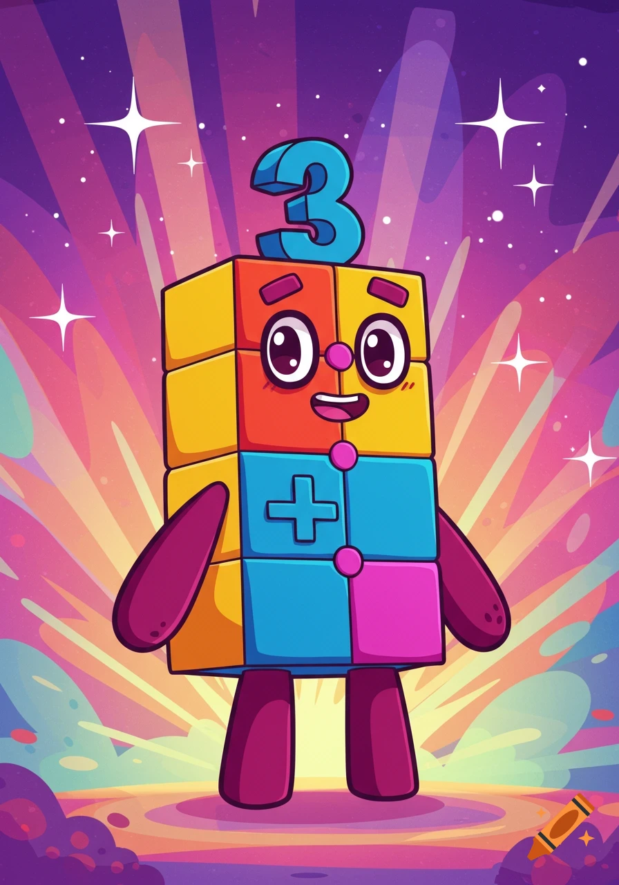 A vibrant cartoon block character, number 3 on head, plus sign on chest, against a starry purple and orange sky.