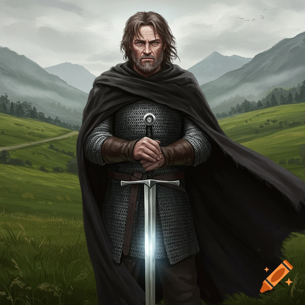 A middle-aged warrior in chainmail and a dark cloak holds a sword in a green field with mountains. Digital painting.