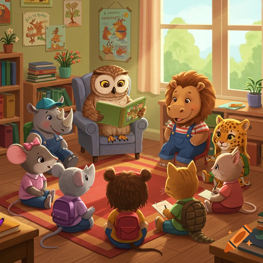 A colorful illustration of an owl teacher reading a book to a group of anthropomorphic animal students in a kindergarten classroom.