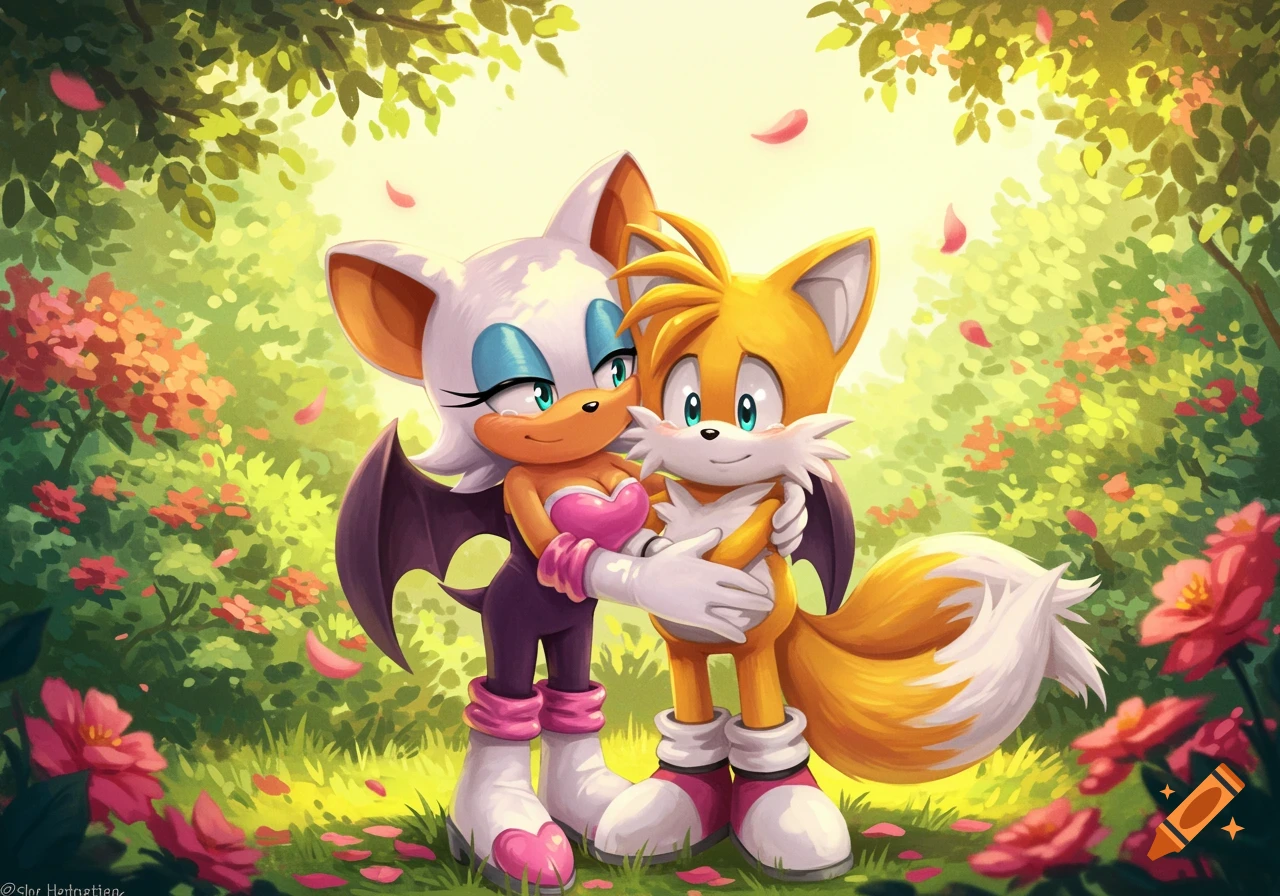 Rouge the Bat hugs Tails the Fox in a bright, lush forest with pink flower petals falling around them.