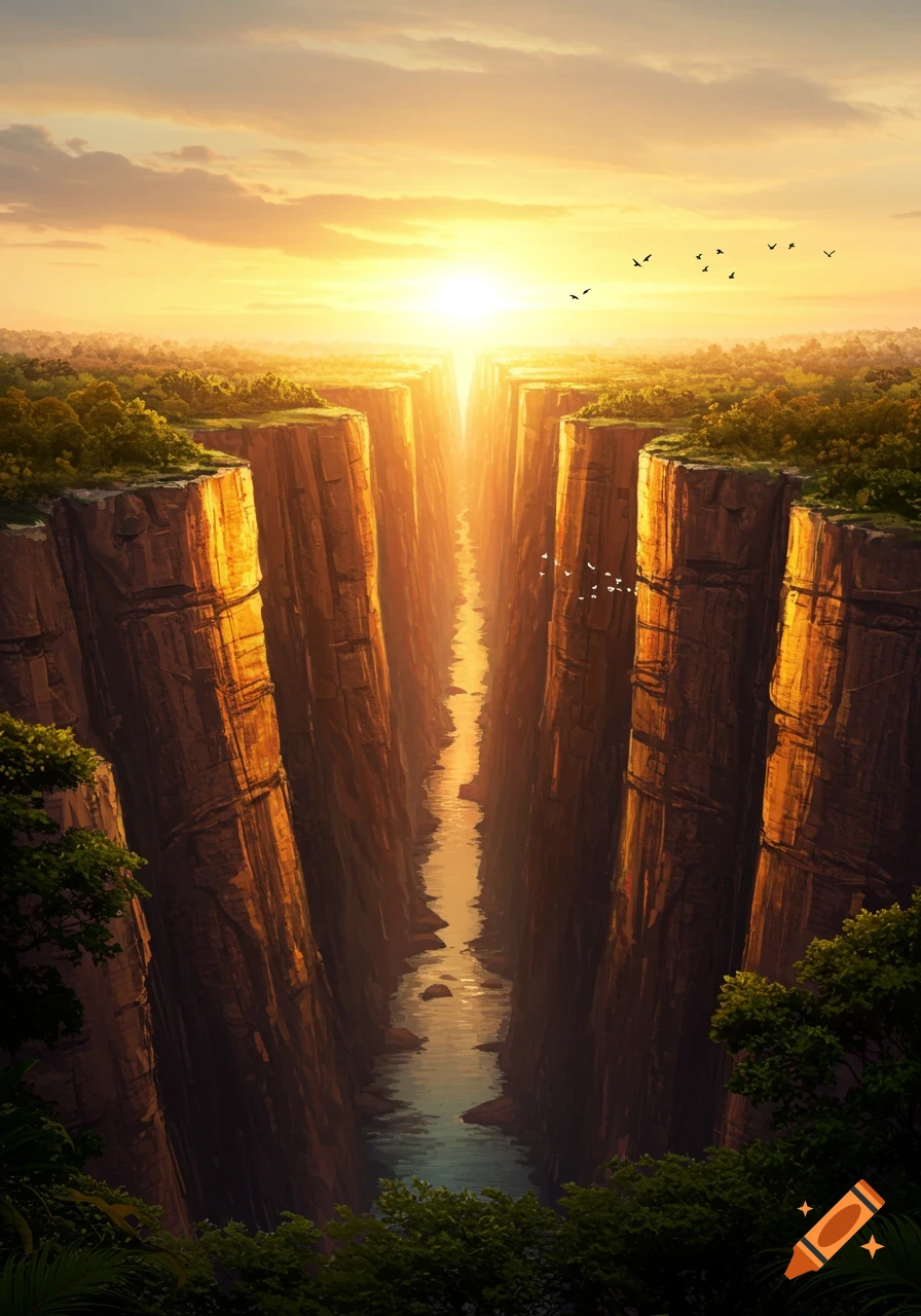 A majestic gorge with towering cliffs on either side, bathed in the warm light of a sunset. A narrow river flows through the canyon.