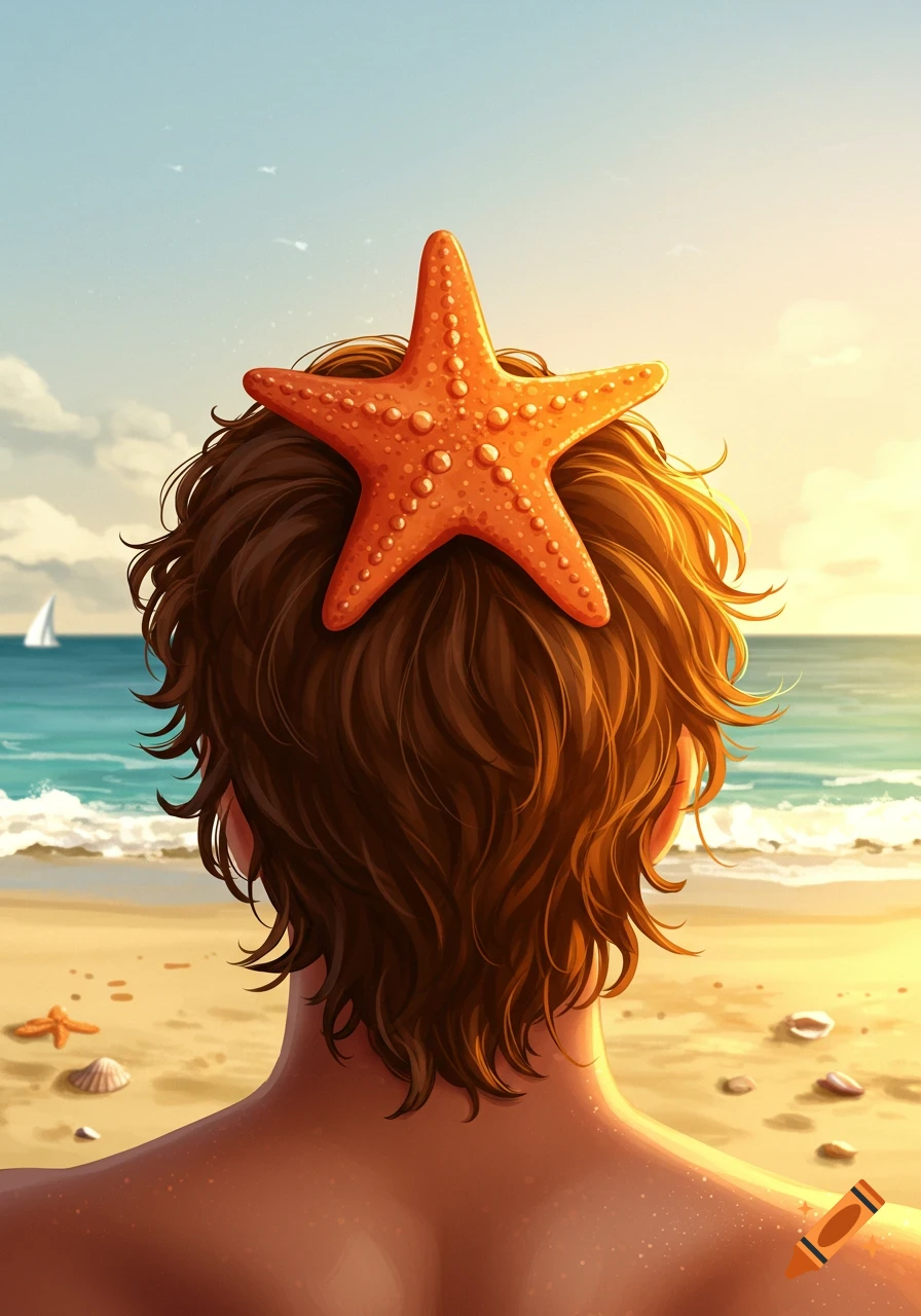 Illustration of the back of a person's head with a starfish on top, looking at a sunny beach and ocean.