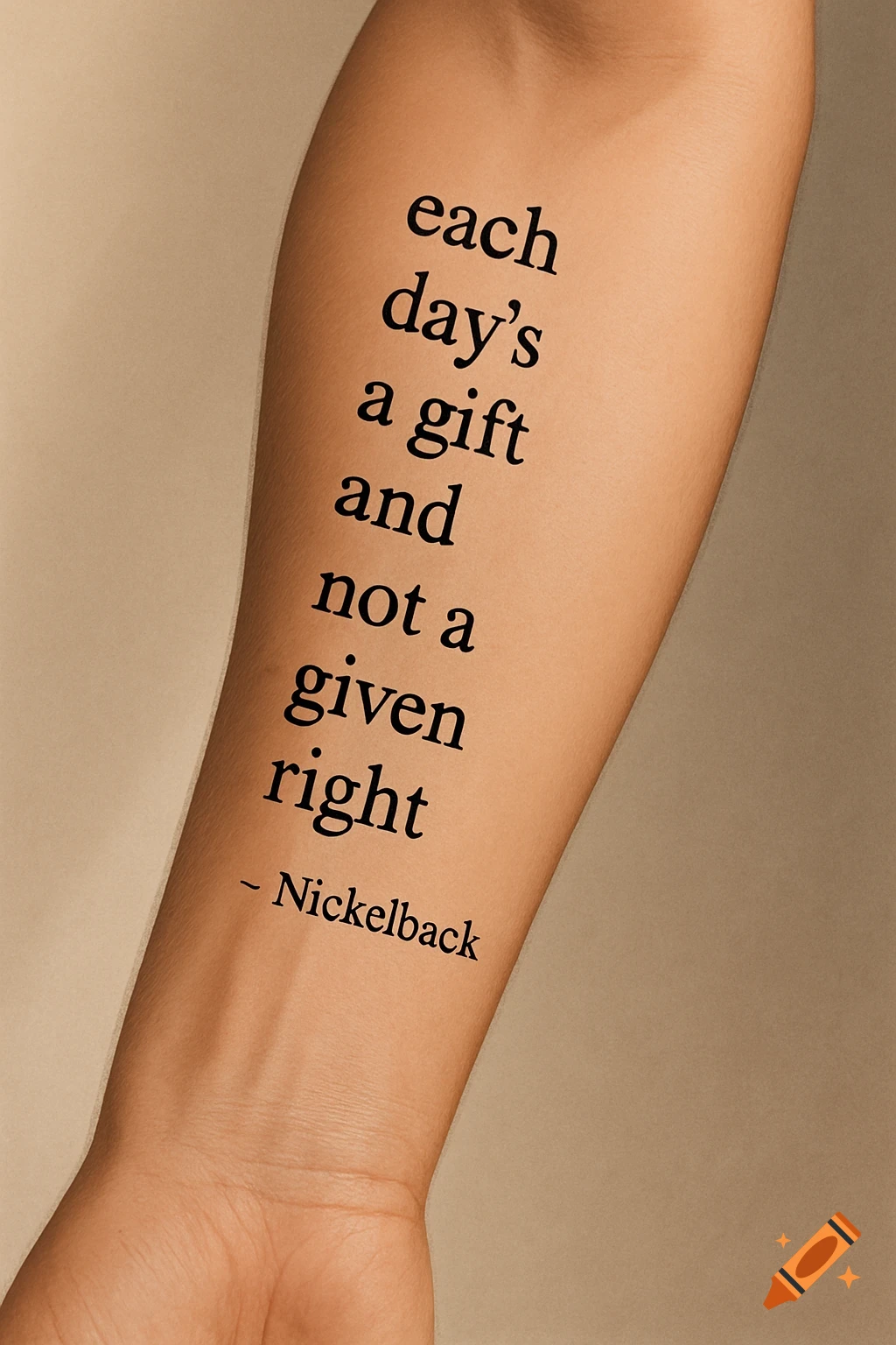 A photorealistic close-up of a forearm with a tattoo reading 'each day\u2019s a gift and not a given right - Nickelback'.