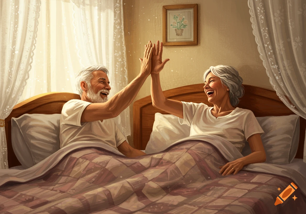 An older, smiling couple high-fiving in bed in a warm, illustrated style.