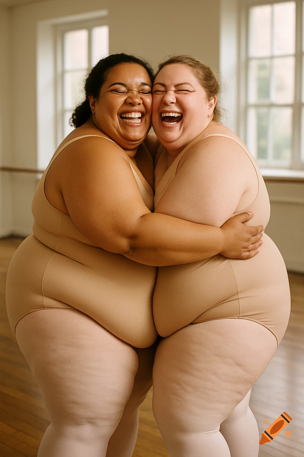 Two plus-size women in nude leotards hug closely, laughing and appearing to merge into one form in a bright dance studio.