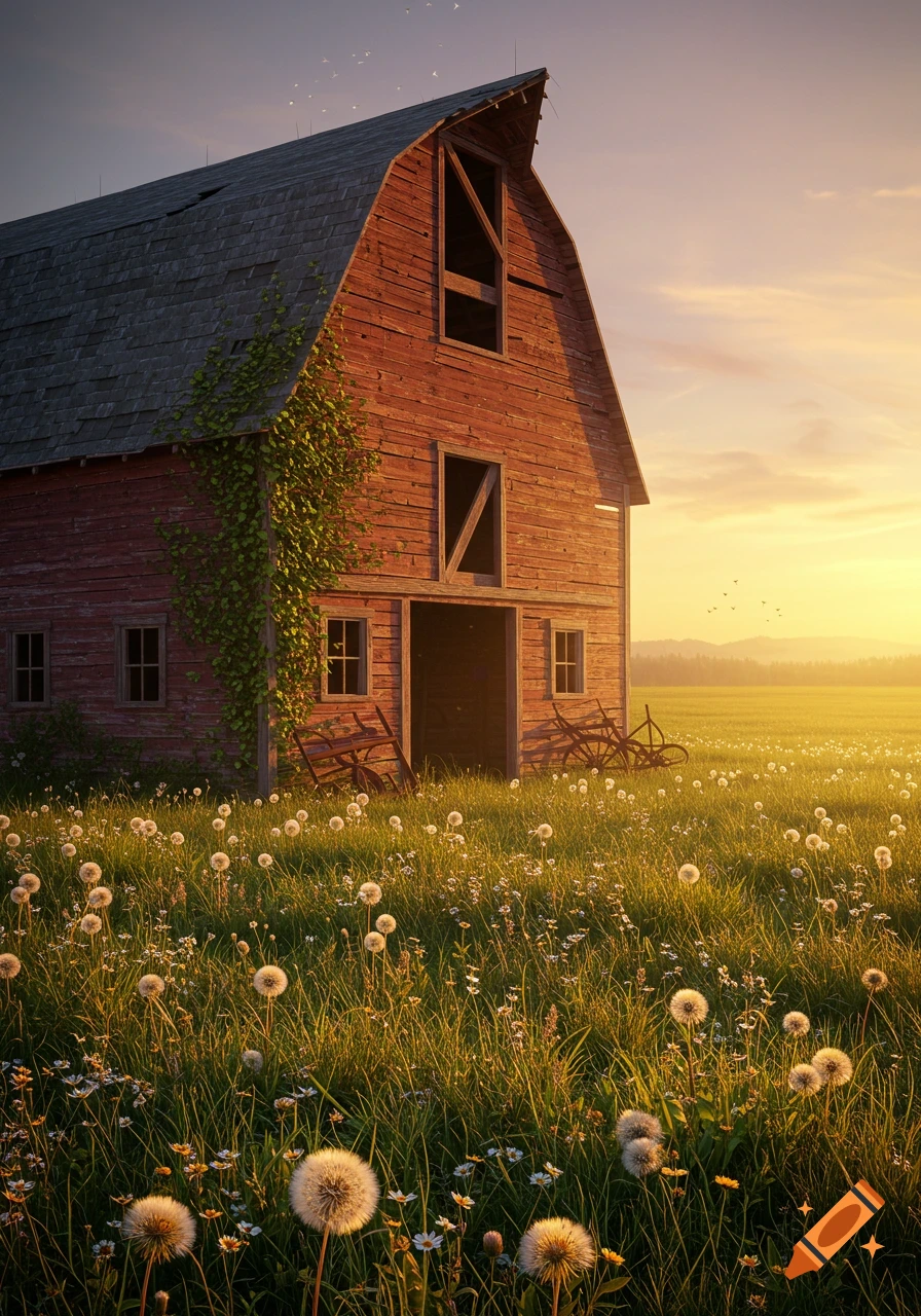 A photorealistic image of an old red barn standing in a field of dandelions bathed in the warm light of sunset.