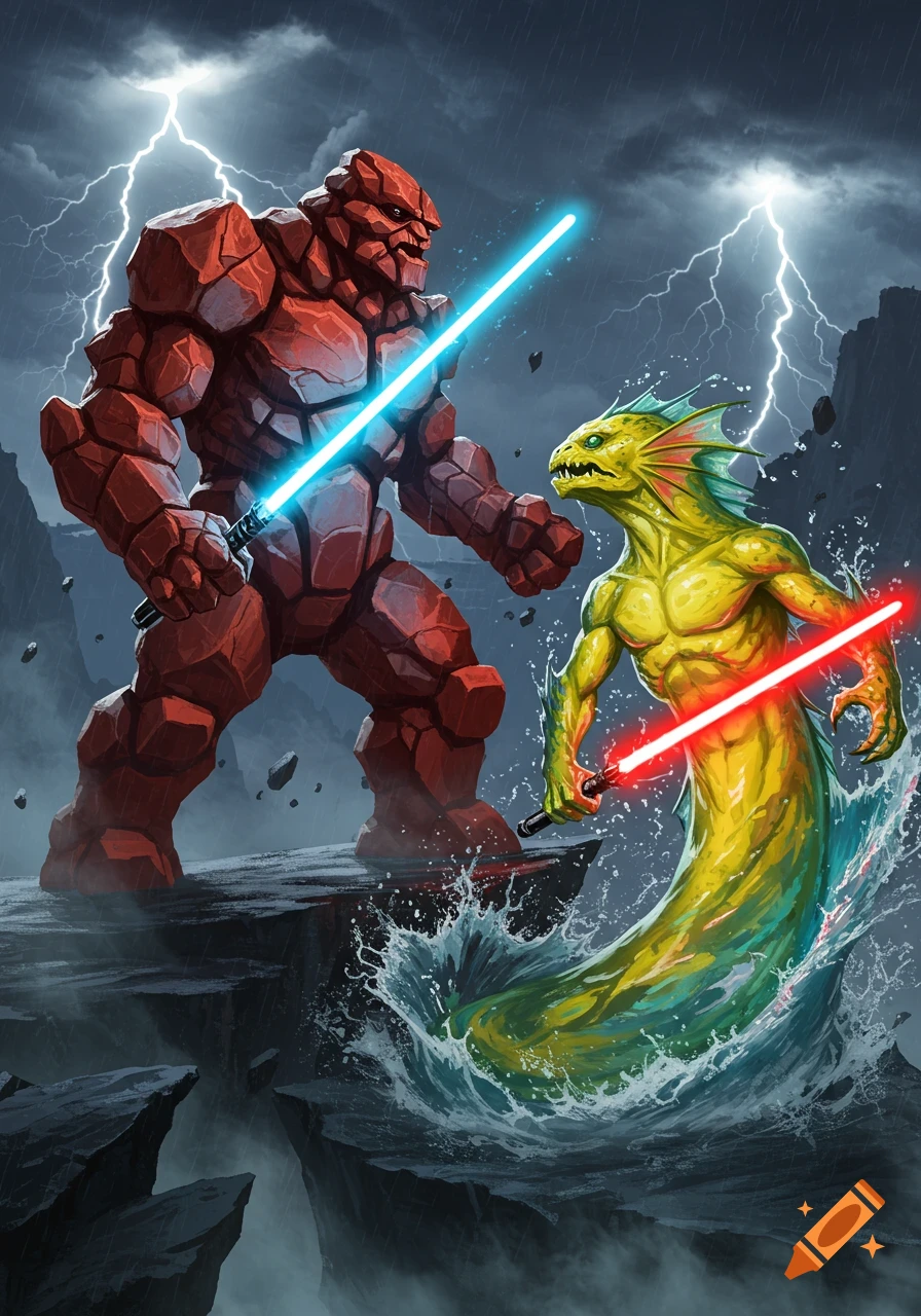 A red rock monster with a blue lightsaber battles a yellow water monster with a red lightsaber in a stormy, lightning-filled landscape.