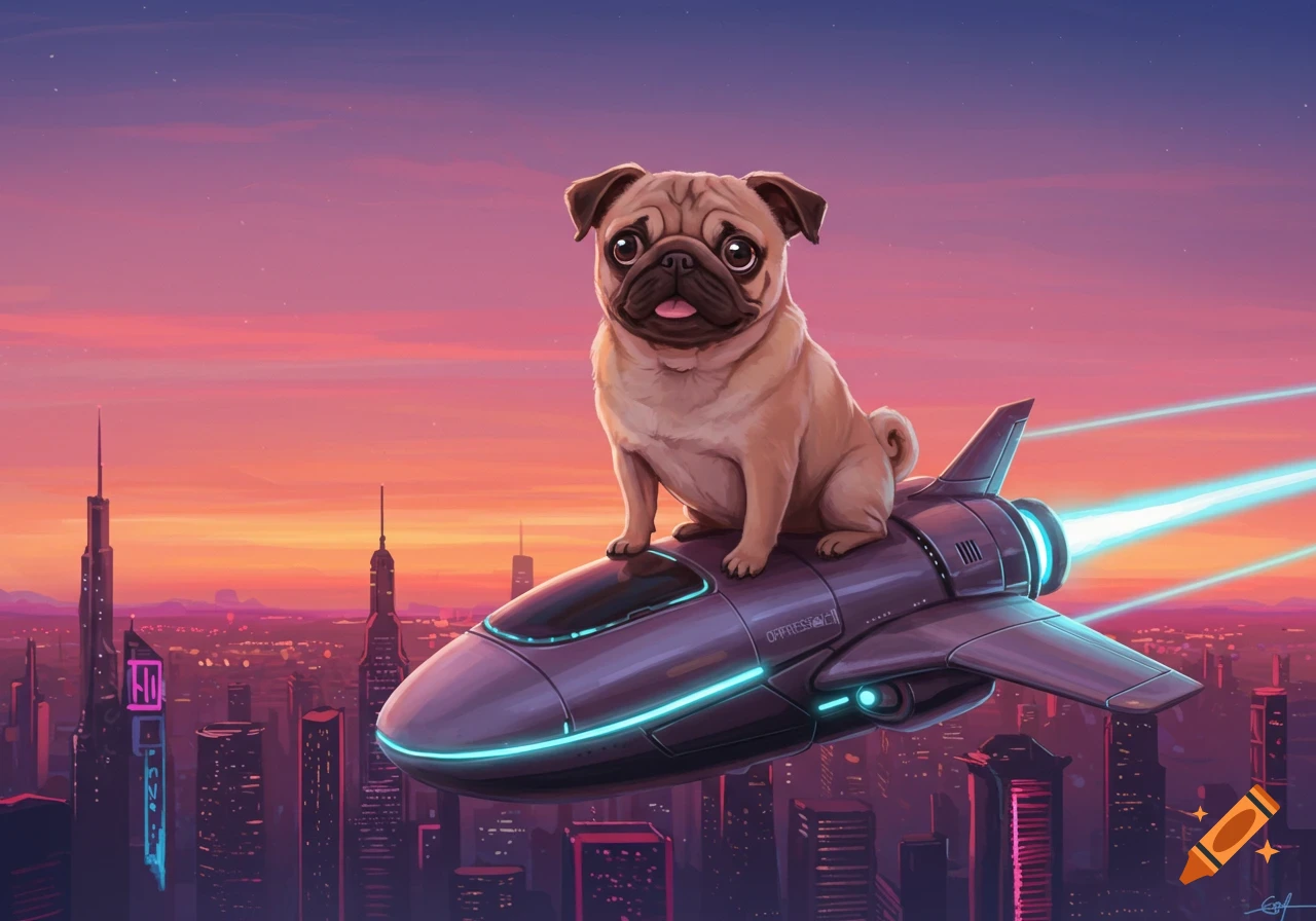 A cute peach pug sits atop a sleek, purple rocket with neon blue lights, flying over a futuristic city at sunset.